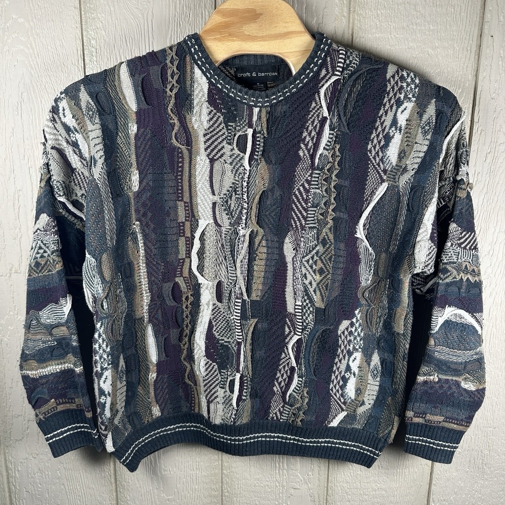 Vintage Croft And Barrow Sweater Coogi Style 3D Knit Medium Beige Blue Textured